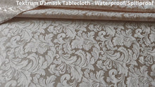 Load and play video in Gallery viewer, Tektrum Heavy Duty Square/Rectangular Damask Jacquard Tablecloth Table Cover - Waterproof/Spill Proof/Stain Resistant/Wrinkle Free - Great for Banquet, Parties, Dinner, Kitchen, Wedding (Beige)