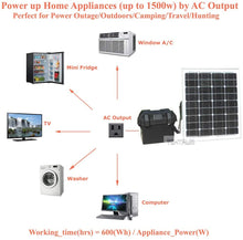 Load image into Gallery viewer, Tektrum Rugged Portable 1500w (3000w Peak) Power Source Station, Silent Gas Free Generator, 600Wh/50Ah Battery, 12V/AC/USB Outputs, Charge Solar/Wall/Car -for Emergency- Plug-N-Play
