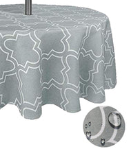 Load image into Gallery viewer, Tektrum Round Moroccan Quatrefoil Outdoor Tablecloth with Umbrella Hole and Zipper, Zippered Table Cover - Spill Proof/Waterproof - for Patio Garden Tabletop Decor (Light Grey)