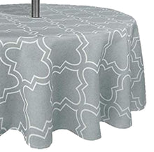 Load image into Gallery viewer, Tektrum Round Moroccan Quatrefoil Outdoor Tablecloth with Umbrella Hole and Zipper, Zippered Table Cover - Spill Proof/Waterproof - for Patio Garden Tabletop Decor (Light Grey)
