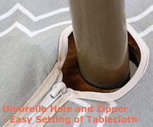Load image into Gallery viewer, Tektrum Round Moroccan Quatrefoil Outdoor Tablecloth with Umbrella Hole and Zipper, Zippered Table Cover - Spill Proof/Waterproof - for Patio Garden Tabletop Decor (Light Grey)