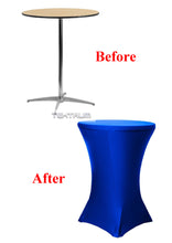 Load image into Gallery viewer, Tektrum 36-inch Highboy Cocktail Fitted Spandex Stretch Square Corner Tablecloth, Stretchable Elastic Table Cover Table Linens, 36" Round x 42" Tall-Wedding, Party-Wrinkle Free, Premium Fabric (Blue)