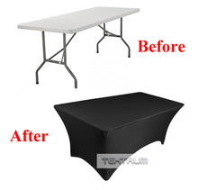 Load image into Gallery viewer, Tektrum  4ft/6ft/8ft Long Rectangular Stretch Tablecloth, Spandex Jacket Cover, Tight Fit Linen-Fitted Table Cover For Trade Show, DJ, Wedding, Party, Banquet, Event, Kiosk, Vendor - Premium Fabric (Black)