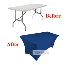 Load image into Gallery viewer, Tektrum  4ft/6ft/8ft Long Rectangular Stretch Tablecloth, Spandex Jacket Cover, Tight Fit Linen-Fitted Table Cover For Trade Show, DJ, Wedding, Party, Banquet, Event, Kiosk, Vendor - Premium Fabric (Blue)