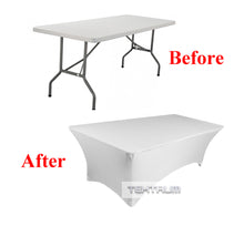 Load image into Gallery viewer, Tektrum  4ft/6ft/8ft Long Rectangular Stretch Tablecloth, Spandex Jacket Cover, Tight Fit Linen-Fitted Table Cover For Trade Show, DJ, Wedding, Party, Banquet, Event, Kiosk, Vendor - Premium Fabric (White)