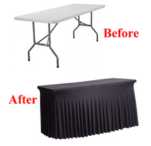 Load image into Gallery viewer, Tektrum 4ft/6ft/8ft Long Rectangular Stretch Tablecloth Table Skirt, One-Piece Spandex Jacket Cover, Tight Fit Linen-Fitted Table Cover for Trade Show, DJ, Wedding, Party, Event, Kiosk-Premium Fabric (Black)