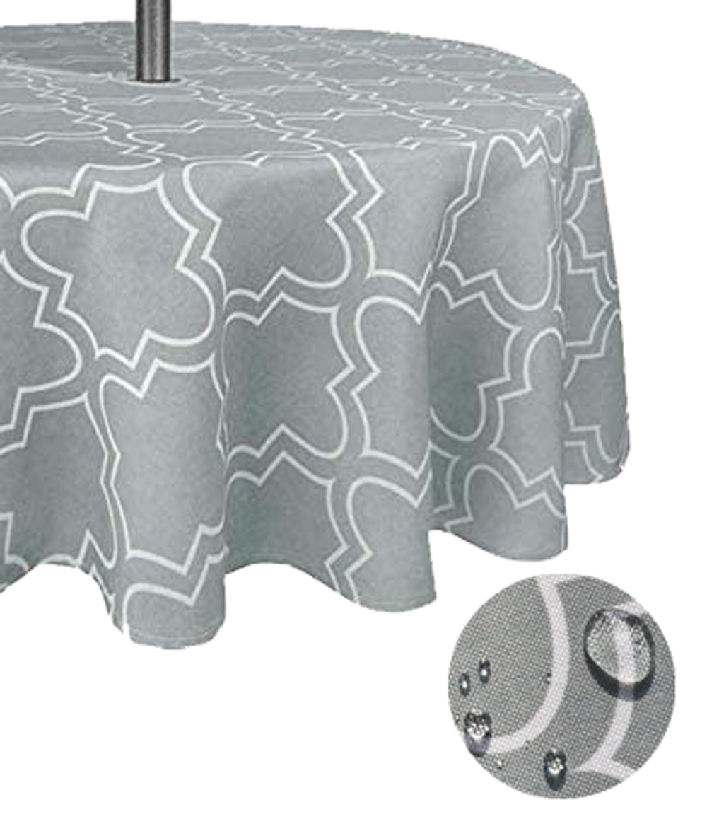 Tektrum Round Moroccan Quatrefoil Outdoor Tablecloth with Umbrella Hole and Zipper, Zippered Table Cover - Spill Proof/Waterproof - for Patio Garden Tabletop Decor (Light Grey)