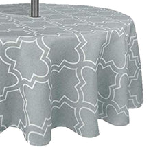 Load image into Gallery viewer, Tektrum Round Moroccan Quatrefoil Outdoor Tablecloth with Umbrella Hole and Zipper, Zippered Table Cover - Spill Proof/Waterproof - for Patio Garden Tabletop Decor (Light Grey)

