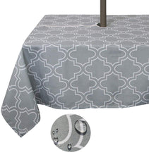 Load image into Gallery viewer, Tektrum Square/Rectangular Moroccan Quatrefoil Outdoor Tablecloth with Umbrella Hole and Zipper, Zippered Table Cover - Spill Proof/Waterproof - for Patio Garden Tabletop Decor (Light Grey)
