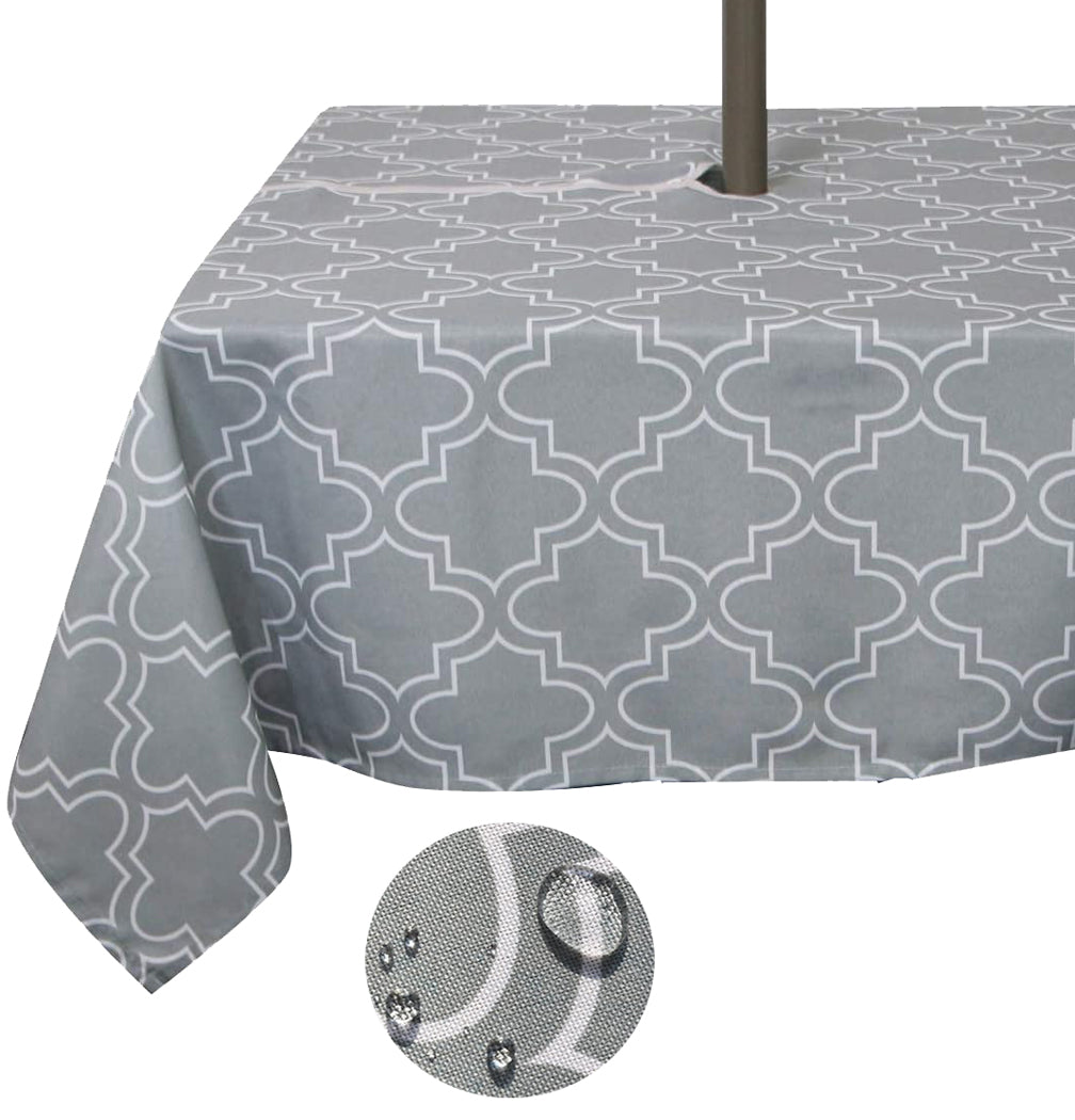 Tektrum Square/Rectangular Moroccan Quatrefoil Outdoor Tablecloth with Umbrella Hole and Zipper, Zippered Table Cover - Spill Proof/Waterproof - for Patio Garden Tabletop Decor (Light Grey)