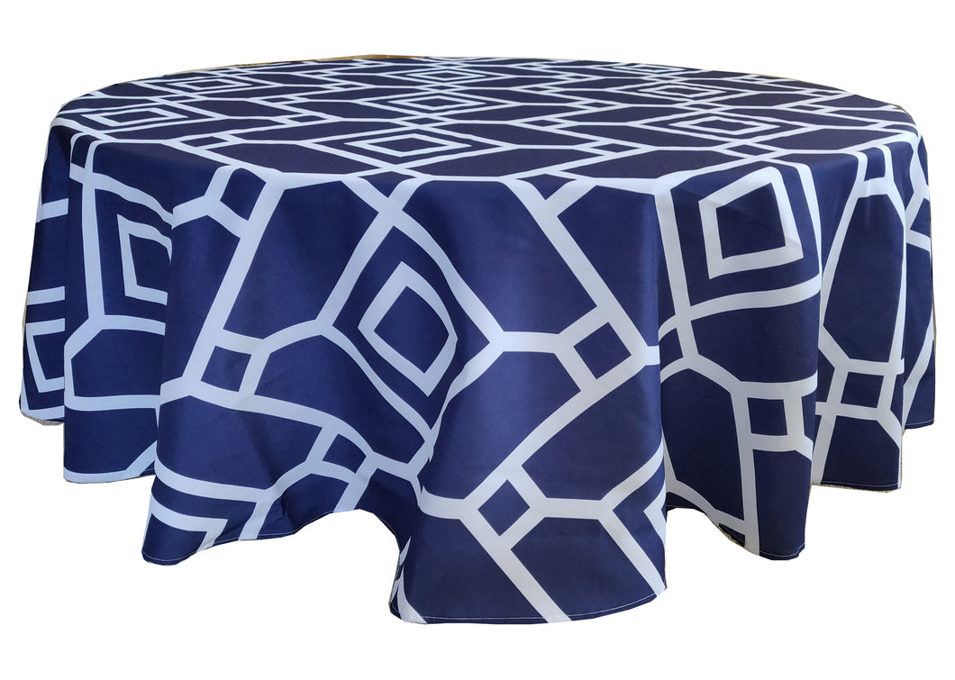 Tektrum Round Moroccan Geometric Tablecloth Table Cover - Waterproof/Spill Proof/Stain Resistant/Wrinkle Free/Heavy Duty - Great for Parties, Banquet, Dinner, Wedding (Navy)