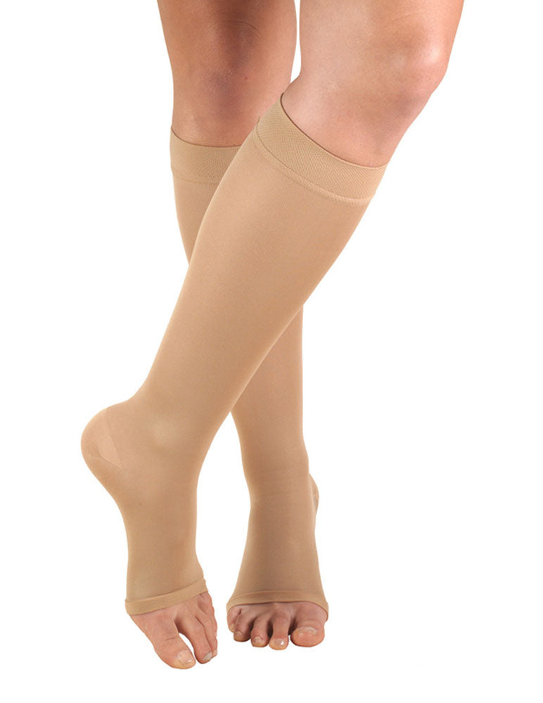 Tektrum - A Pair of Knee High Firm Graduated Compression Socks 23-32mmHg for Men & Women - Best for Maternity Pregnancy, Sports, Flight Travel - Open Toe (Beige)