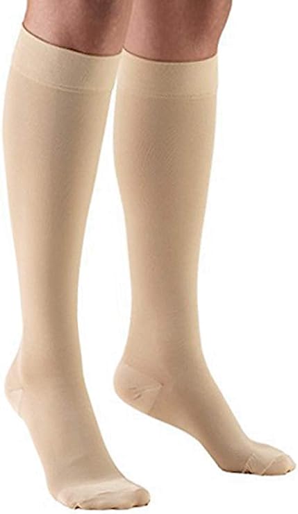 Tektrum - A Pair of Knee High Firm Graduated Compression Socks Stockings 23-32mmHg for Men Women - for Nurses, Maternity Pregnancy, Running, Sports, Flight Travel - Closed Toe (Beige)